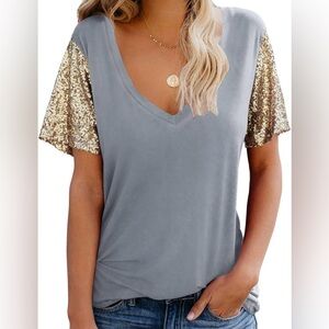 Women's Gray V-Neck Short Sleeve Top with Gold Sequin Sleeves